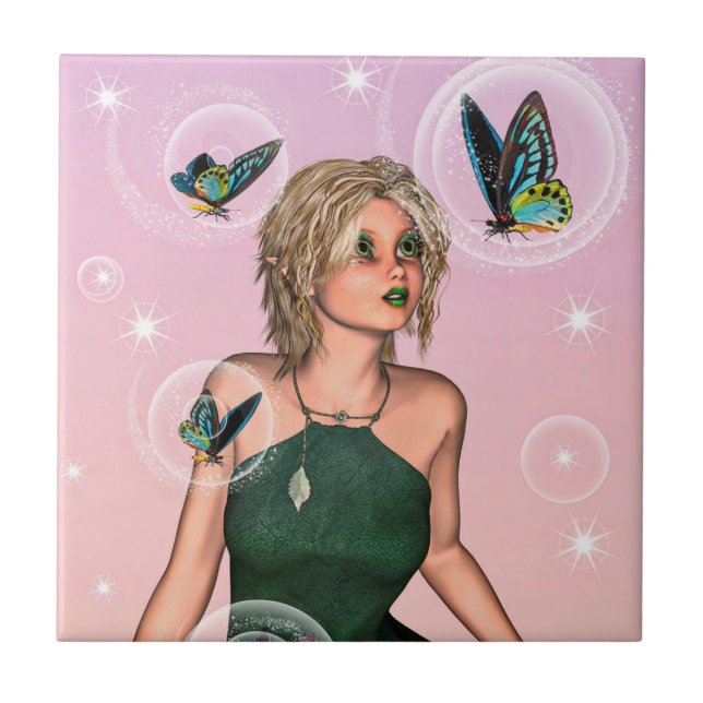 Sparkling Butterfly Fairy Fantasy Art Tile (Front)