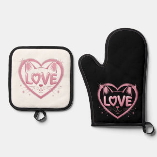 Sparkling Cat Love Oven Mitt & Pot Holder Set