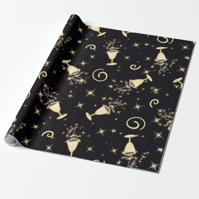 Sparkling Celebration-Libations in Gold & Black Wrapping Paper (Unrolled)