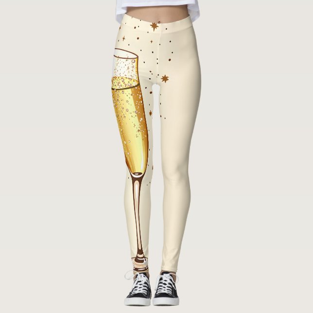 Sparkling Champagne Glass Print in Beige and Gold Leggings (Front)