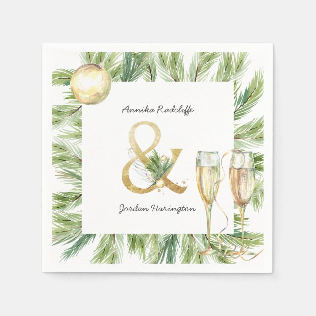 Sparkling Cheer Winter Greenery | Monogram Wedding Napkin (Front)