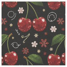 Sparkling Cherries, Black Seamless Pattern Fabric