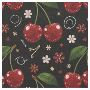 Sparkling Cherries, Black Seamless Pattern Fabric