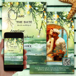 Sparkling Christmas Beach Photo Save the Date Card<br><div class="desc">Christmas Wedding Save the Date Card featuring a teal green beach with sparkling lights on pine twigs. On the back is space for your own photo. You can use the QR code template to link to your own website.</div>