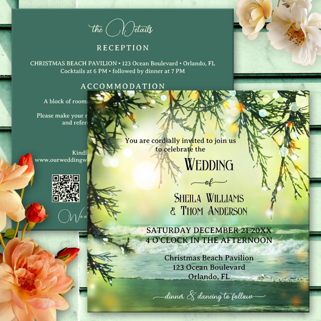 Sparkling Christmas Beach QR All in One Wedding Invitation (All in one beach wedding invitation featuring a magical beach with sparkling lights on pine twigs)