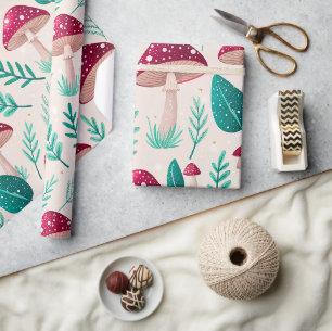 Sparkling Crimson Mushroom and Teal Leaf Print Wrapping Paper