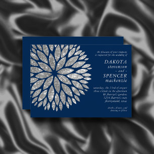 Sparkling Dahlia   Navy Blue Silver Grey Wedding Invitation