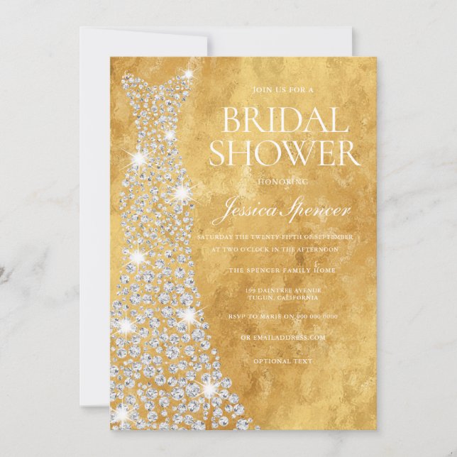 Sparkling Diamond Wedding Dress Golden Glitter Invitation (Front)