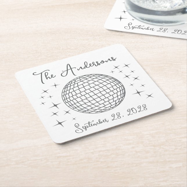 Sparkling Disco Ball Personalised Wedding Square Paper Coaster (Angled)