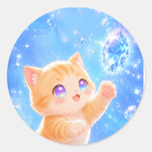 Sparkling Dreams: Kitten & Blue Gems Classic Round Sticker