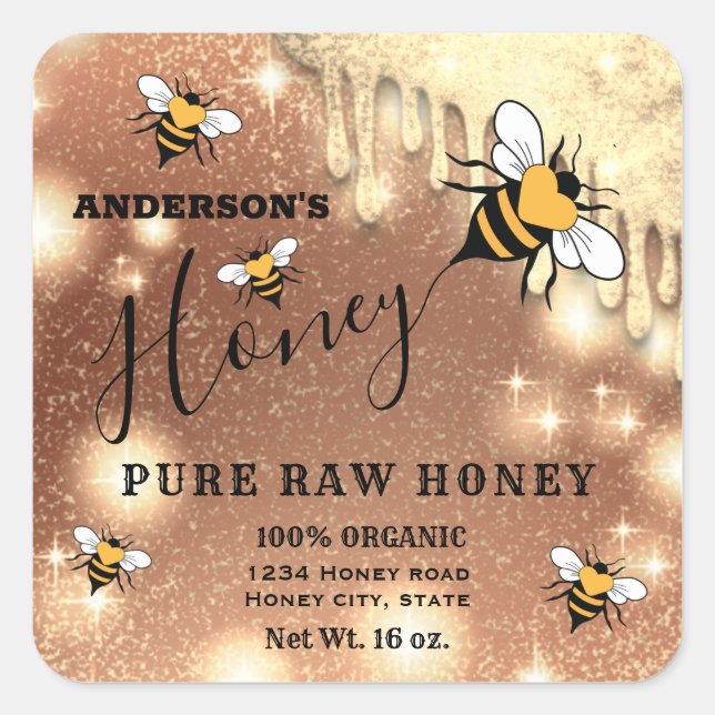 Sparkling drips Bee script honey jar label (Front)