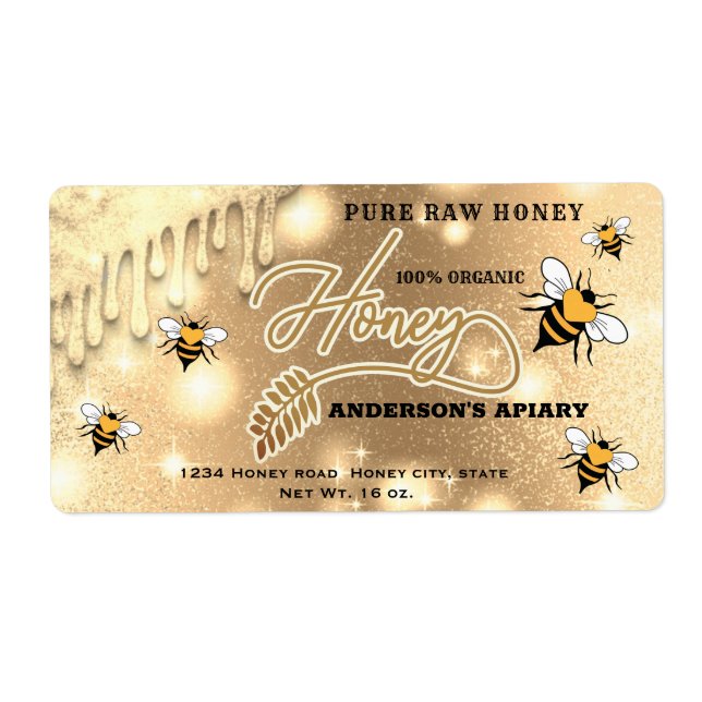 Sparkling drips bees script honey jar label (Front)