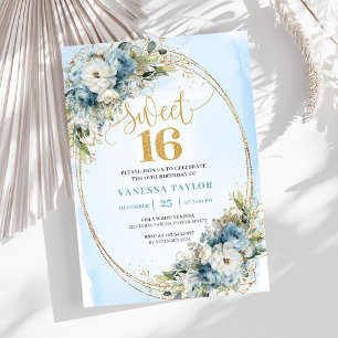 Sparkling Dusty Blue Greenery Sweet Sixteen Invite