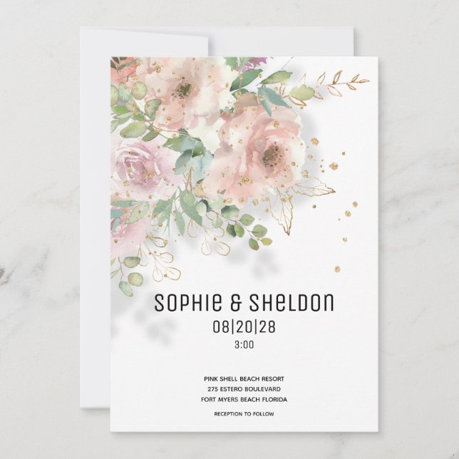 Sparkling Dusty Rose Eucalyptus Greenery Wedding A Announcement (Front)