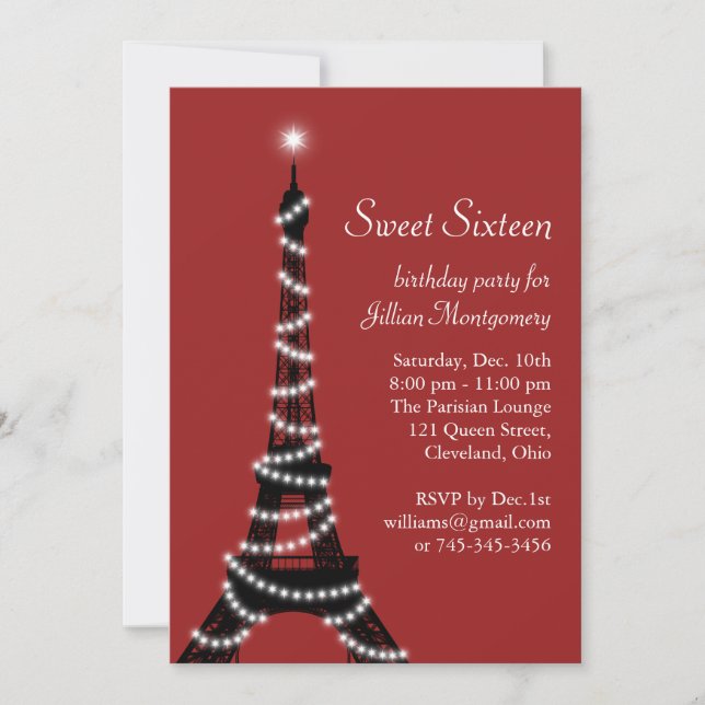Sparkling Eiffel Tower in Red Invitation (Front)