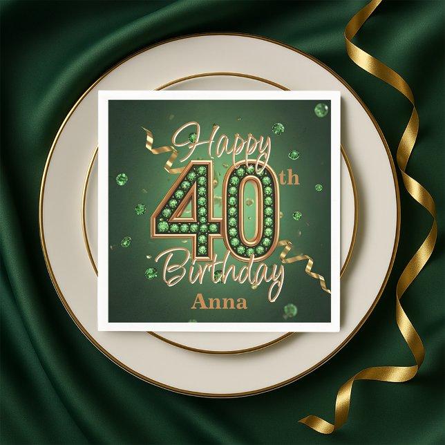 Sparkling Emerald Green and Gold 40th Birthday Napkin (Creator Uploaded)