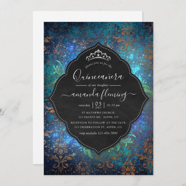 Sparkling Fantasy Vintage Damask Quinceañera Invitation (Front/Back)