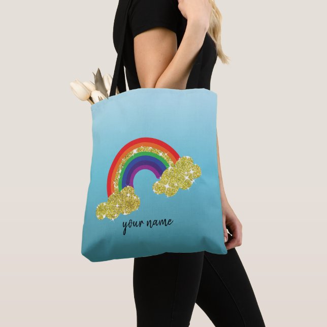 sparkling faux gold glitter cloud with rainbow tote bag (Close Up)