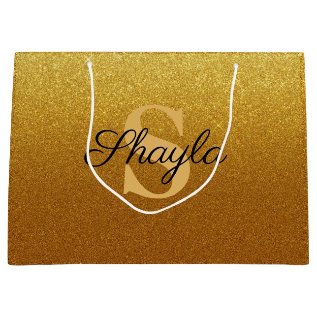 Sparkling Faux Gold Glitter Monogrammed Large Gift Bag (Front)