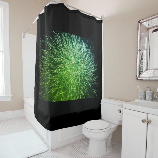 Sparkling Fireworks Abstract Neon Green Black Cool Shower Curtain (In Situ)