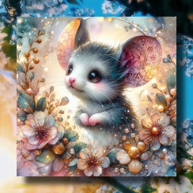 Sparkling Floral Pastel Springtime Mouse Easter Holiday Card (Creator Uploaded)