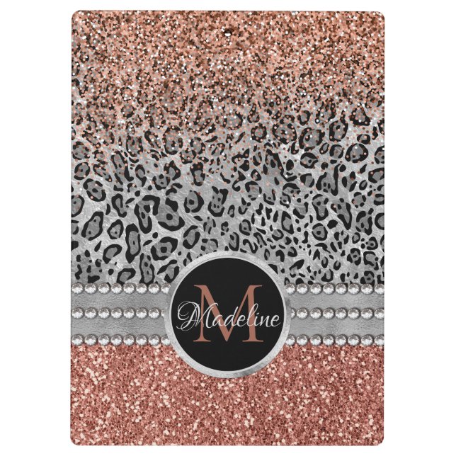 Sparkling Girly Rose Gold Glitter Leopard Monogram Clipboard (Back)