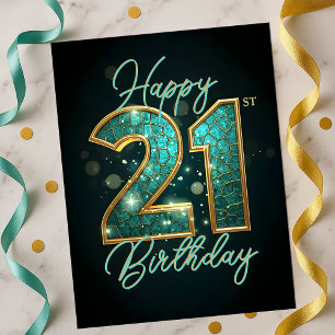 Sparkling Glamorous Teal Gold Black 21st Birthday Postcard