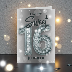 Sparkling Glamourous Silver and Diamond Sweet 16 Card