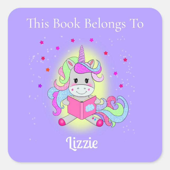 Sparkling Glitter Unicorn Reading Bookplate Square Sticker (Front)