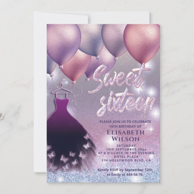 Sparkling glittery Lilac lavender dress balloon  Invitation (Front)