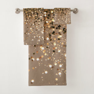 Sparkling Gold Brown Glitter Glam #1 Faux Glitter Bath Towel Set