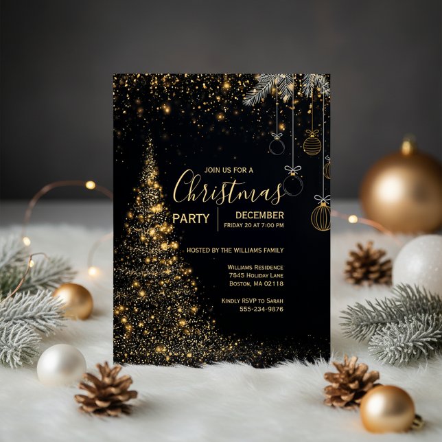 Sparkling Gold Christmas Tree Invitation (Gold Holiday Invitation)