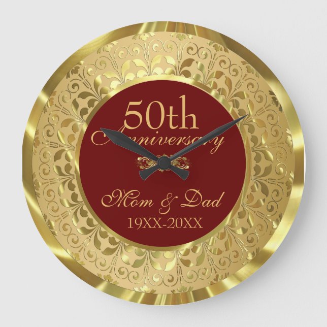 Sparkling Gold Damask 50th Wedding Anniversary Large Clock (Front)