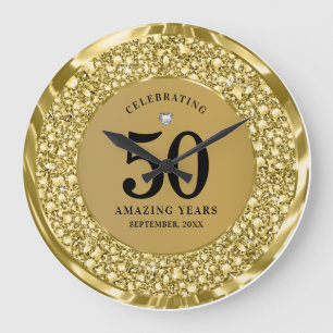 Sparkling Gold Diamonds 50th Wedding Anniversary Large Clock