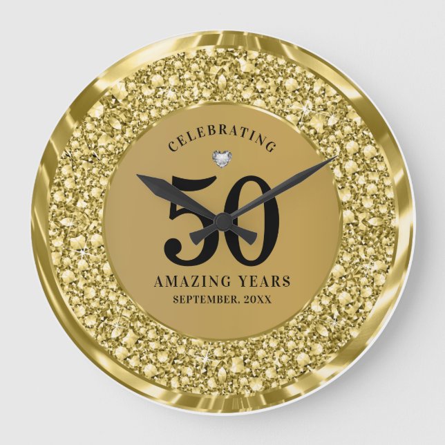 Sparkling Gold Diamonds 50th Wedding Anniversary  Large Clock (Front)