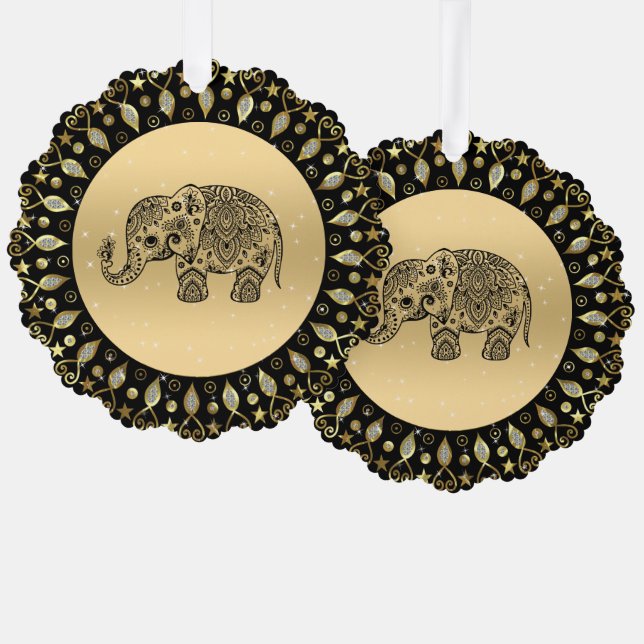 Sparkling gold frame black floral elephant tree decoration card (Front/Back)