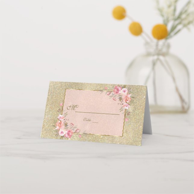 Sparkling Gold Glitter Blush Floral Table Number Place Card (Front)