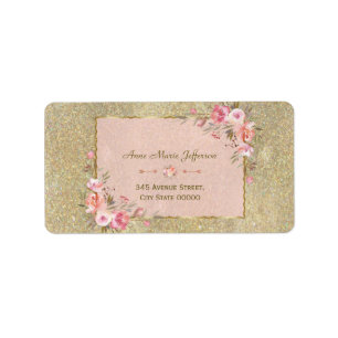 Sparkling Gold Glitter Blush Floral Wedding Label