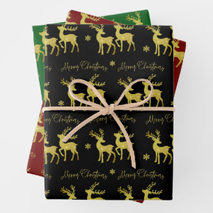 Sparkling Gold Glitter Deer Merry Christmas Wrapping Paper Sheet