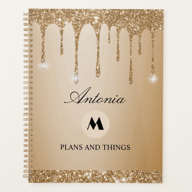 Sparkling Gold Glitter Dripping Beige Planner (Front)