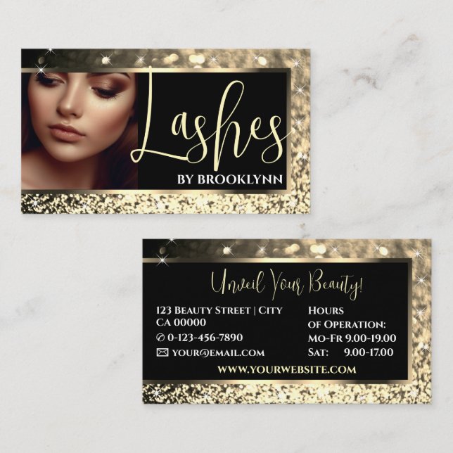 Sparkling Gold Glitter Frame Lashes Photo Inspires Business Card (Front/Back)
