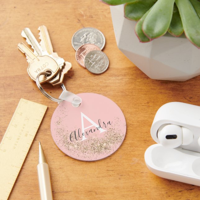 Sparkling Gold Glitter Pastel Pink Girly Unique Key Ring (Desk)