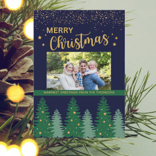 Sparkling Gold Stylish Winter Pine Tree Christmas Holiday Card