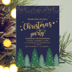 Sparkling Gold Stylish Winter Pine Tree Christmas Invitation
