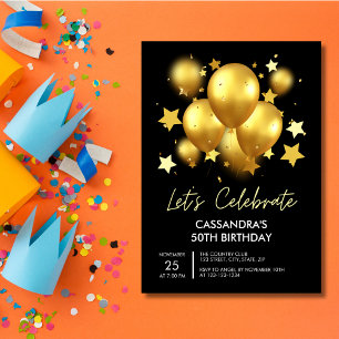 Sparkling Golden Balloons Stars Black Birthday  Invitation