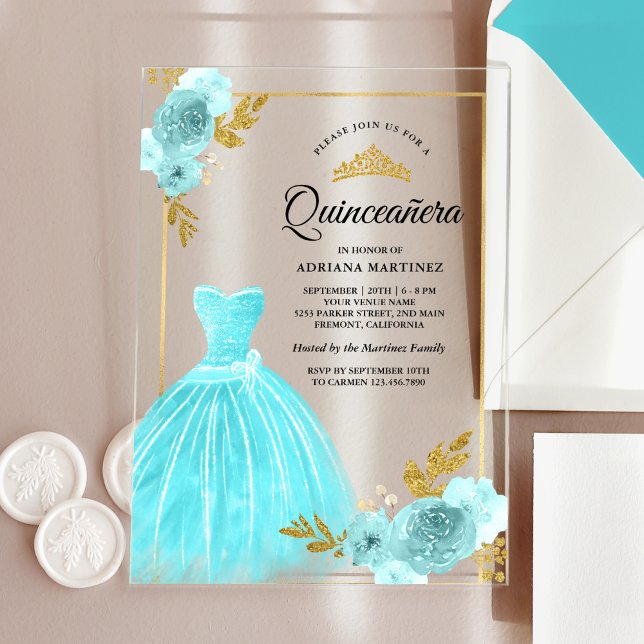 Sparkling Gown Aqua Blue Floral Gold Quinceanera Acrylic Invitations (Creator Uploaded)