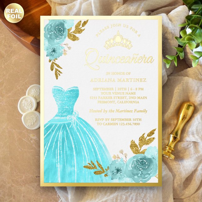 Sparkling Gown Aqua Blue Floral Quinceanera Gold (Creator Uploaded)