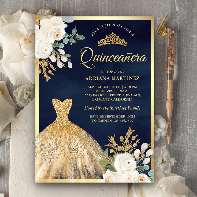 Sparkling Gown Ivory Floral Navy Gold Quinceanera Invitation (Creator Uploaded)