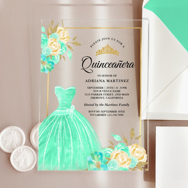 Sparkling Gown Mint Green Floral Gold Quinceanera Acrylic Invitations (Creator Uploaded)