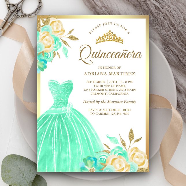 Sparkling Gown Mint Green Floral Gold Quinceanera Invitation (Creator Uploaded)